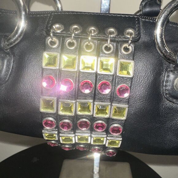 bd Babeed Designer Paris Black Leather Pink Green Rhinestones Hand Bag $395 - Picture 2 of 9
